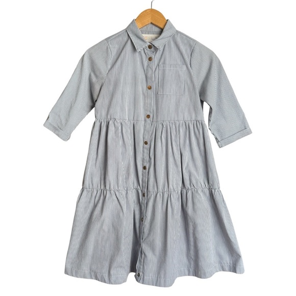 Teela Denim Pinstripe Tiered Dress Girls 12 Button Down Collared Knee Length - Picture 3 of 8
